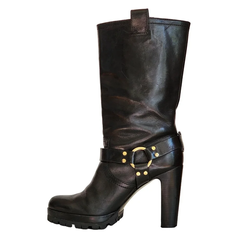 TORY BURCH Rainelle Black Heeled Mid-Calf Motorcycle Boots‎ Gold Harness 10.5